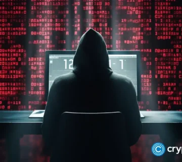 Crypto news hacker sits near laptop backside view matrix white numbers code Artificial intelligence background day light 360x320