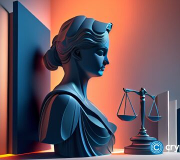 Crypto news legal action side view day light modern art background high poly style 360x320