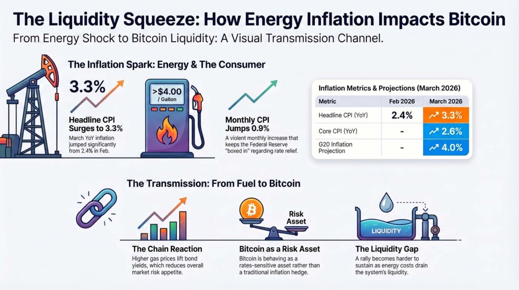 Infographic showing how an energy-driven inflation spike could tighten liquidity and pressure Bitcoin through higher CPI, rising oil prices, and reduced market risk appetite.