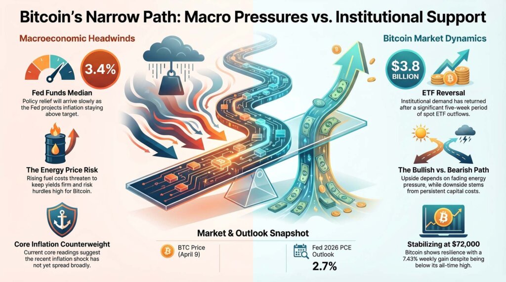 Illustration of Bitcoin caught between macro headwinds and institutional ETF support, showing inflation, energy-price pressure, and a split bull versus bear path.