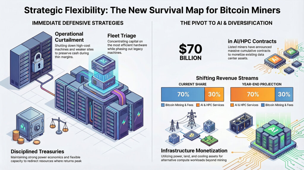 Infographic titled “Strategic Flexibility: The New Survival Map for Bitcoin Miners,” showing defensive mining strategies, a projected shift toward AI and HPC revenue, and a $70 billion AI/HPC contract market.