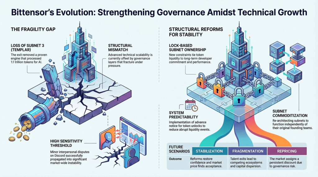 Infographic showing Bittensor’s governance fragility after a key subnet loss and proposed structural reforms to improve stability, liquidity, and subnet coordination.
